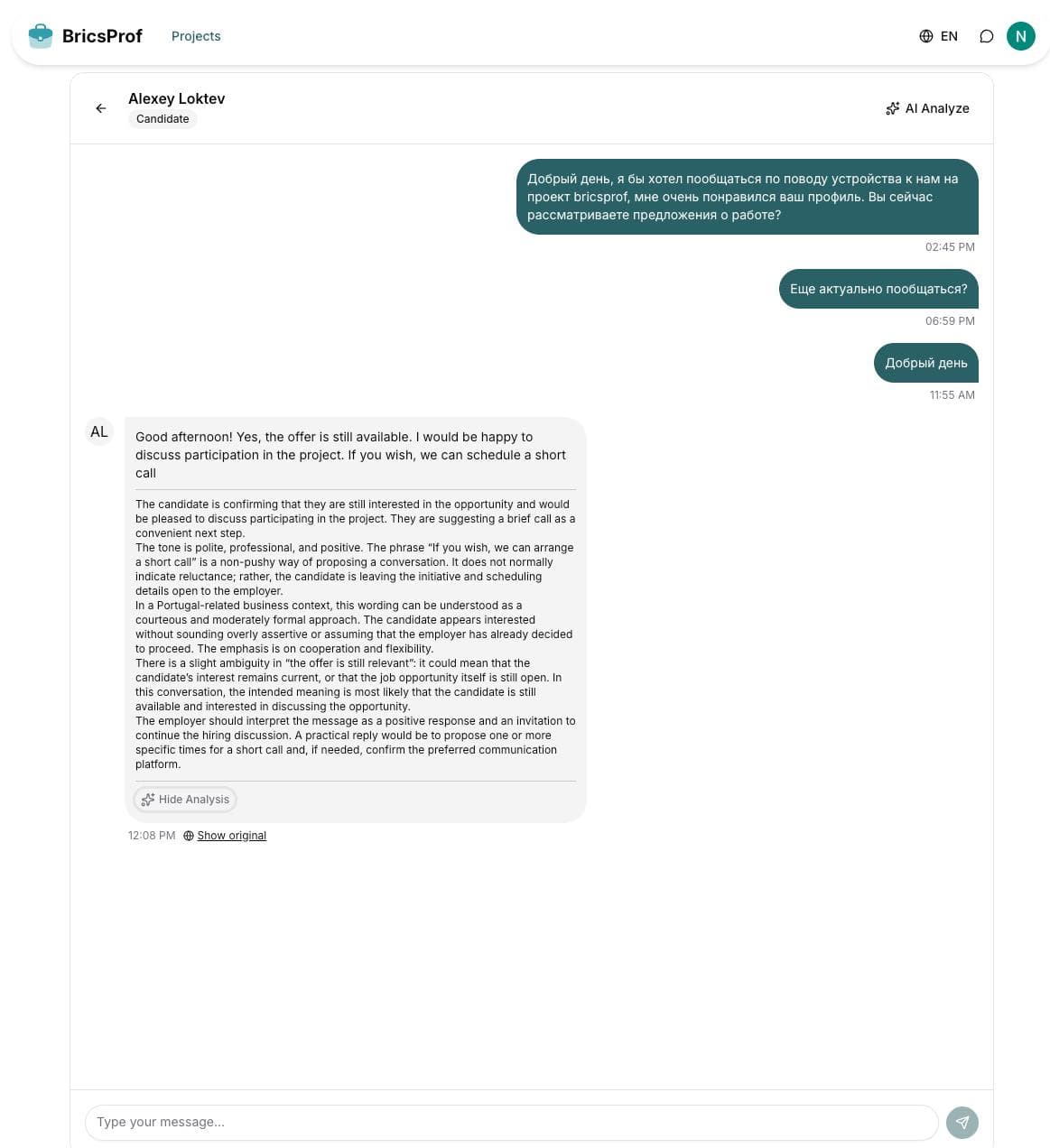 Bricsprof: candidate chat with translation and analysis