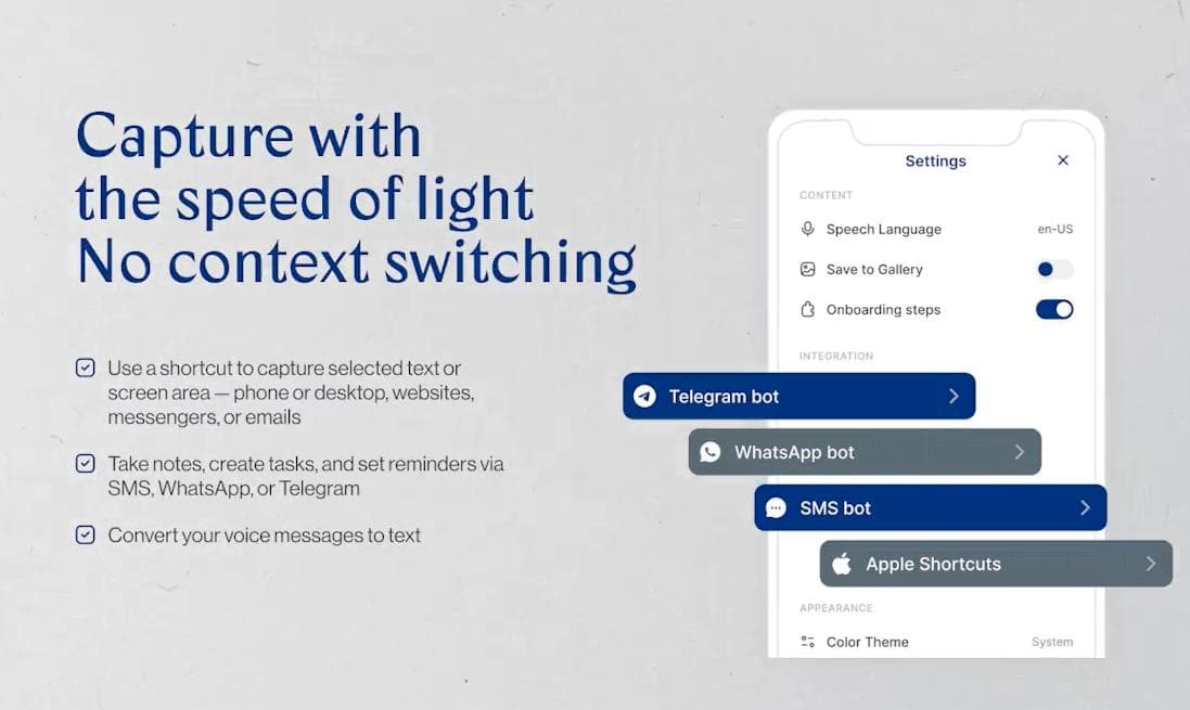 hints notes app: capture via shortcuts and messengers