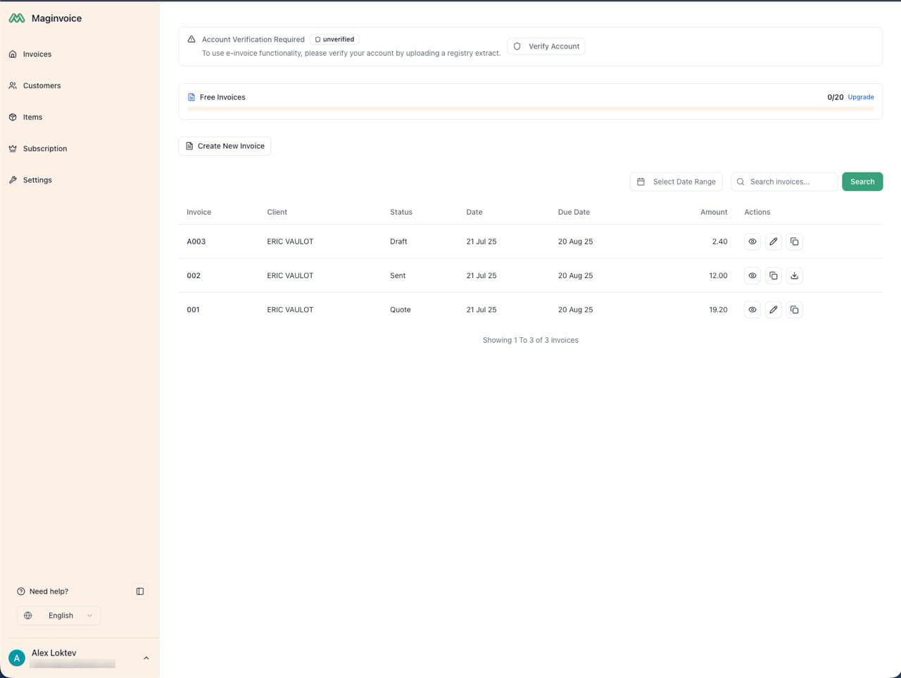 Maginvoice: invoice list and account status